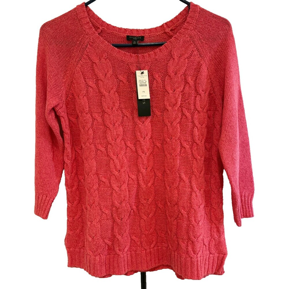 TALBOTS Sweater Women's Petite Small Cable Knit Pink Linen Cotton NWT $79.50